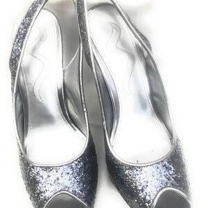 Nina Women Silver Glitter Peep-Toe Heels size 7M